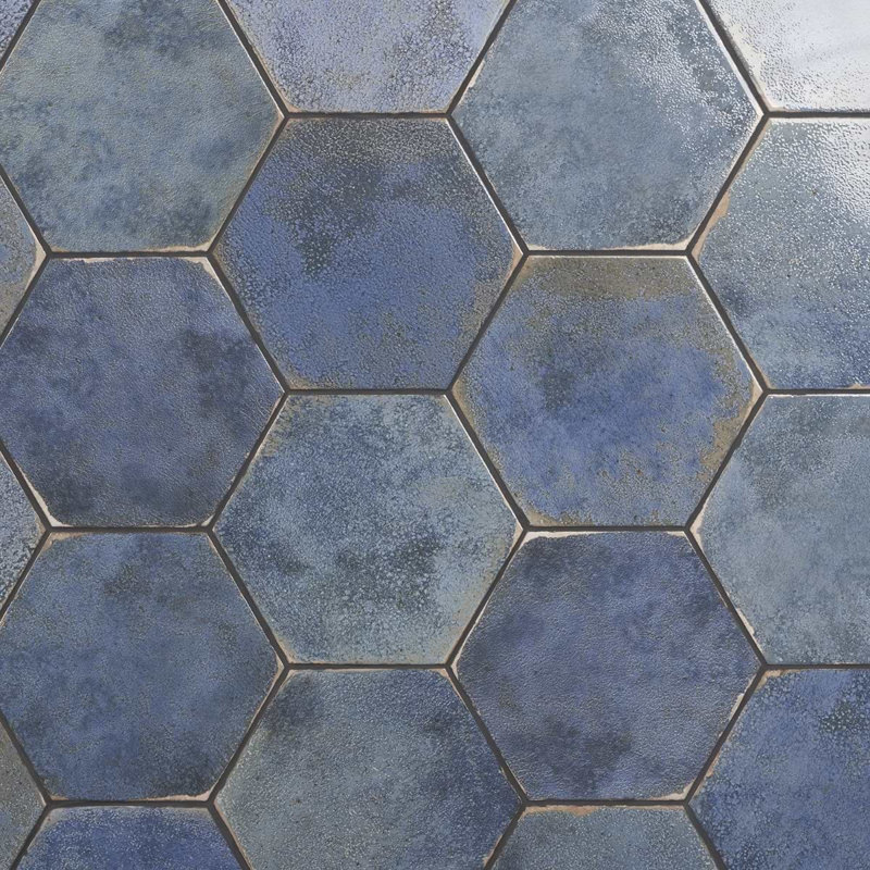 Kalay 9" Hexagon Polished Porcelain Tile, Blue