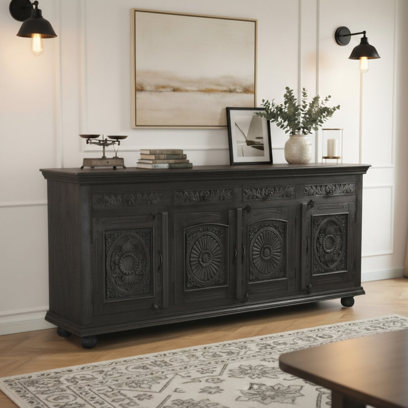 Buffet en bois massif sculpté Harleen, Noir, L 102 po