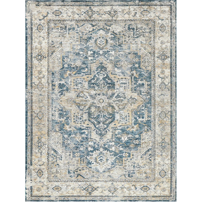 Antique Loom Blue/Beige Polyester powerloom Area Rug, Rectangle 8' x 10'