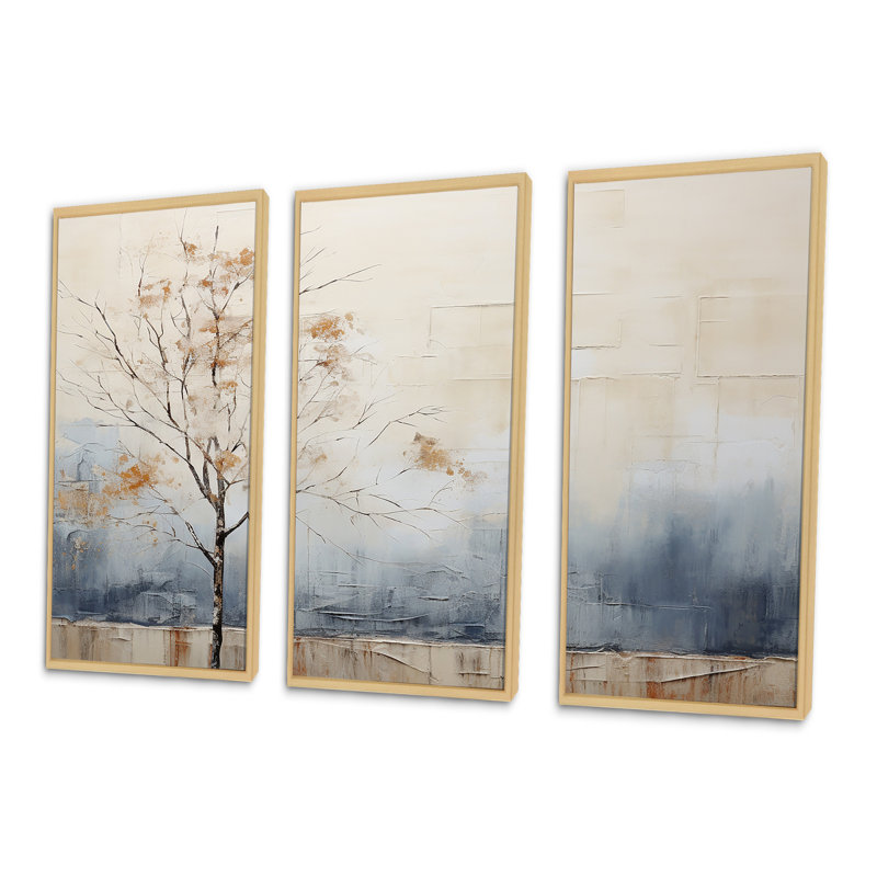 Minimalisme beige et bleu, campagne I - ensemble d'art mural campagne, Cadre naturel flottant, H 40 po x l 60 po x P 1 po