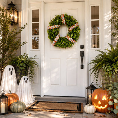 Artificial Boxwood Halloween Wreath with Decorative Ribbon – Indoor Front Door, Wall and Seasonal Home Décor