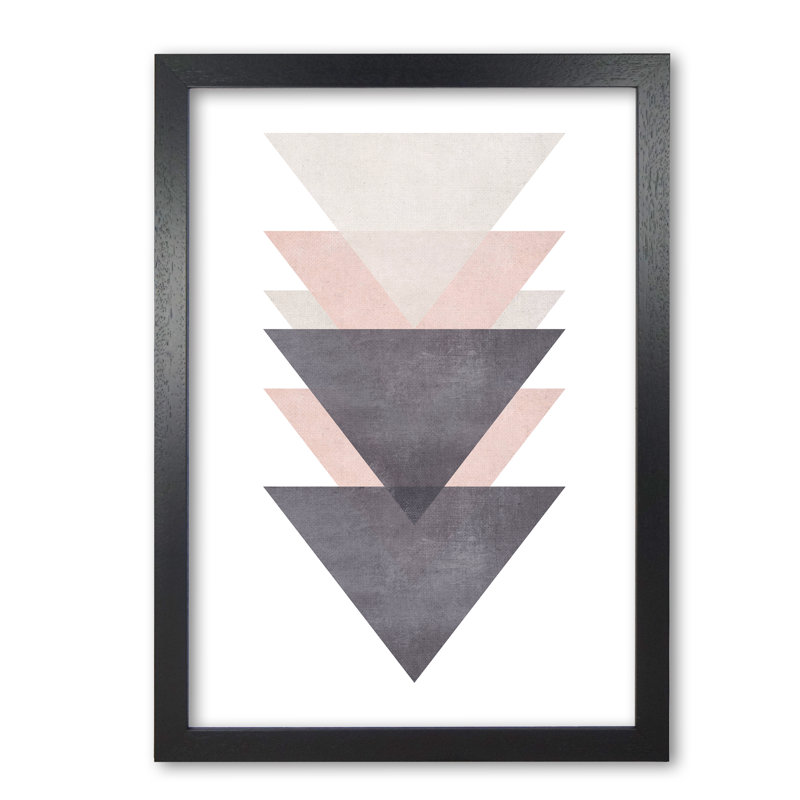 Cotton, Pink And Grey Abstract Triangles - Print, 85 cm H x 60 cm W x 5 cm D, Black Grain Frame