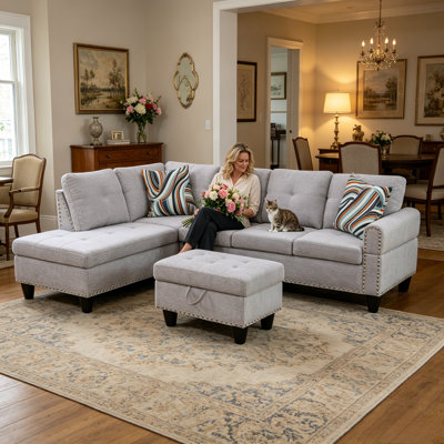 L-Shape Sectional Sofa Couch with Left Chaise Lounge, Decorative Rivets & Storage Ottoman, Light Gray Linen Sofa