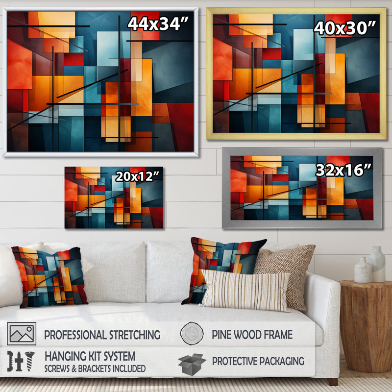 Cubisme éclatant collage - art mural cubisme, Cadre simple noir, H 16 po x l 32 po x P 1 po
