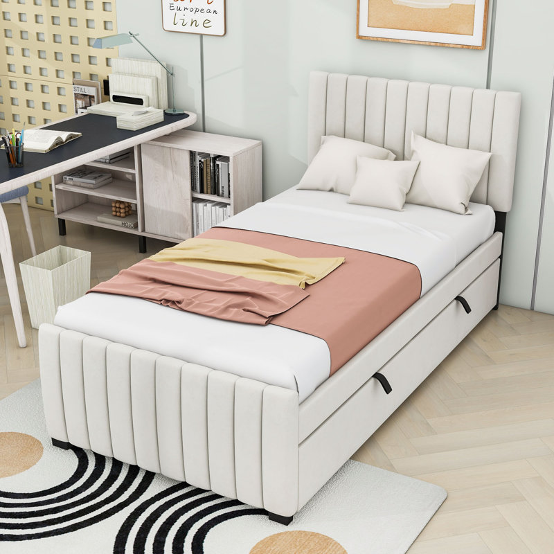 Lit plateforme tapissier avec lit gigogne et tête de lit, Beige, Simple