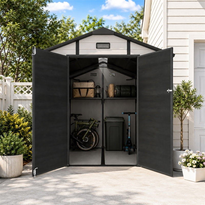 8x10 FT Plastic Outdoor Storage Shed - Lockable Resin Tool Shed with Window & Floor, Beige