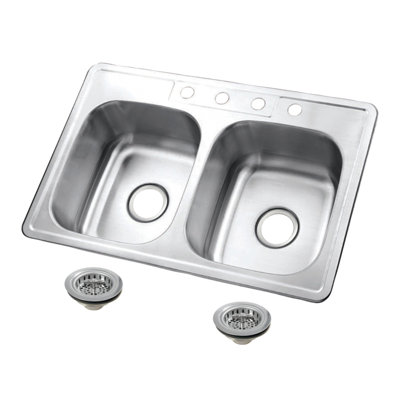 Kingston Brass Studio 33-Inch Stainless Steel Self-Rimming Double Bowl Drop-In Kitchen Sink With 4-Hole Drain And Strainer