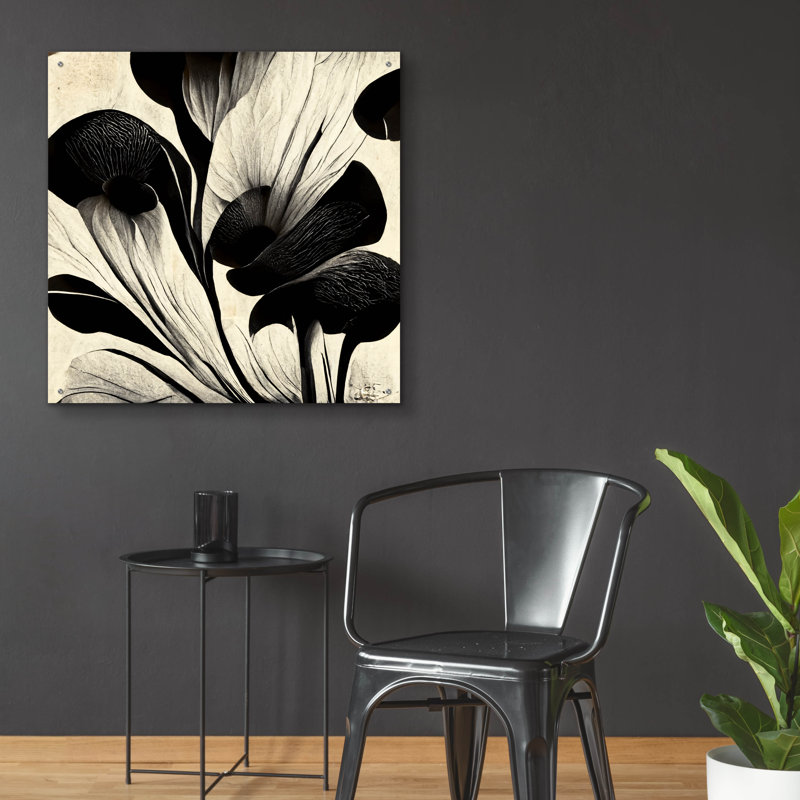 «Flowers Black White 27» par Ray Heere, art mural en verre acrylique, 24 po x 24 po, H 36 po x l 36 po x P 0,2 po