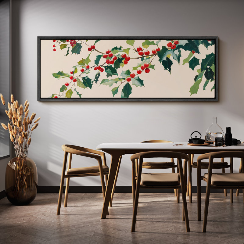 Grande impression sur toile encadrée - branche de houx avec baies rouges, reproduction botanique pour décoration de Noël festive
