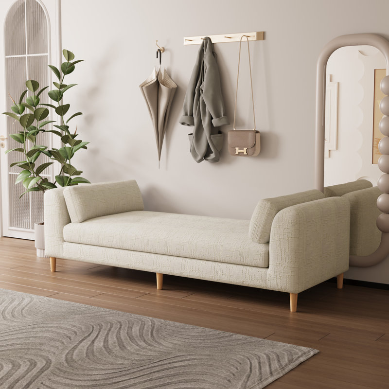 83" W Modern End Of Bed Bench, Upholstered Chaise Lounge Couch With Armrests And Pillows, Beige