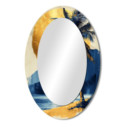 Blue And Gold Plam Trees Scenery IV - Tropical Oval Wall Mirror