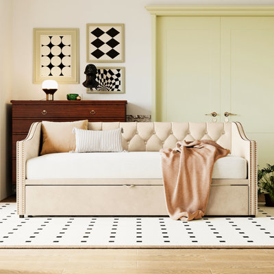 Lit de jour simple beige avec lit gigogne escamotable - Lit multifonctionnel pour toute occasion