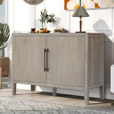 Buffet de 47,25 pouces de style campagnard avec placage de pin et 2 portes, buffet rétro avec pieds réglables, armoire de rangement minimaliste en bois avec poignées en métal pour le salon, la cuisine