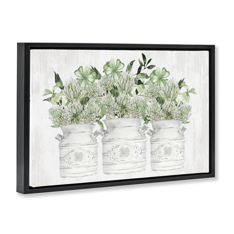 Toile flottante encadrée par des trèfles printaniers, Cadre flottant noir de jais, H 17 po x l 25 po