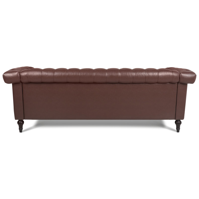 Husani Faux Leather Rolled Arms Chesterfield Sofa, Dark Brown Faux Leather, 3