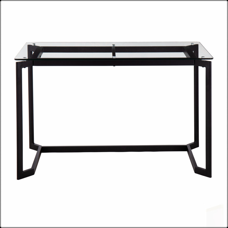 Bureau moderne avec cadre en acier noir élégant et plateau en verre trempé transparent, parfait pour un usage domestique et professionnel.