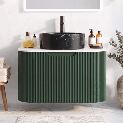 Ensemble de meuble-lavabo mural 24 po avec lavabo, armoire de rangement contreplaqué vert rayé à bord arrondi rayé avec tiroir, lavabo rond en céramique noir mat et plateau en pierre frittée blanc de Carrare