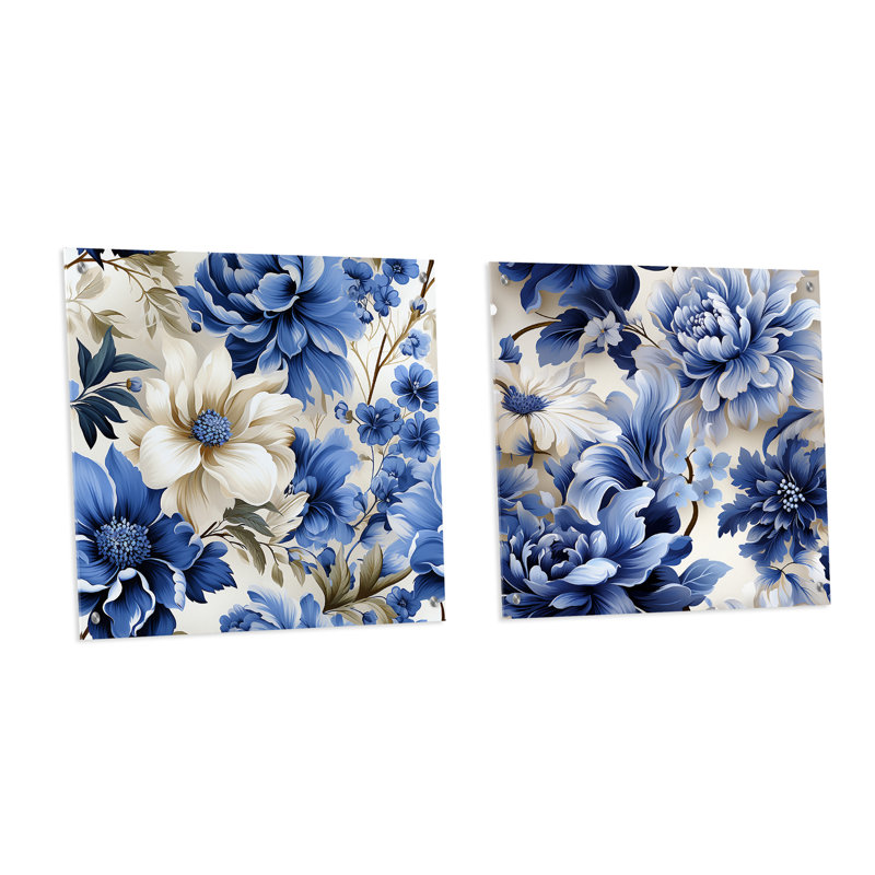 Cobalt Blue Brocade Victorian Pattern - Floral Acrylic Wall Art Glass Set Of 2, 36" H x 73" W