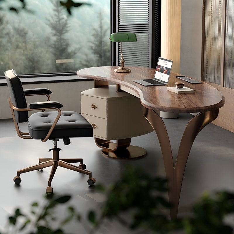 Brown Unique Pea Shape Modern Desk, 29.53" H x 55.12" W x 30.31" D