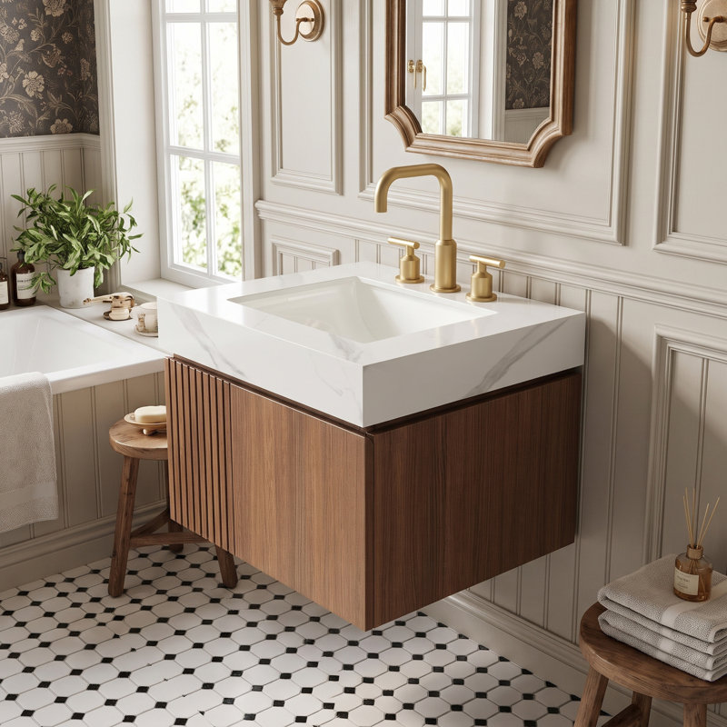 Meuble-lavabo mural simple 24 po avec lavabo en céramique, Brun