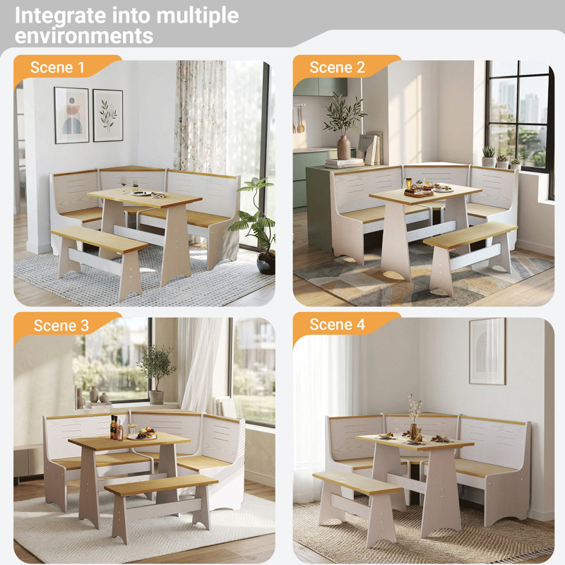 Berna 3-Piece Solid Pine Wood Corner Dining Set with L-Shaped Bench, Space-Saving Breakfast Nook Table Set for Kitchen, Dining Room, Café, Seats Up to 5