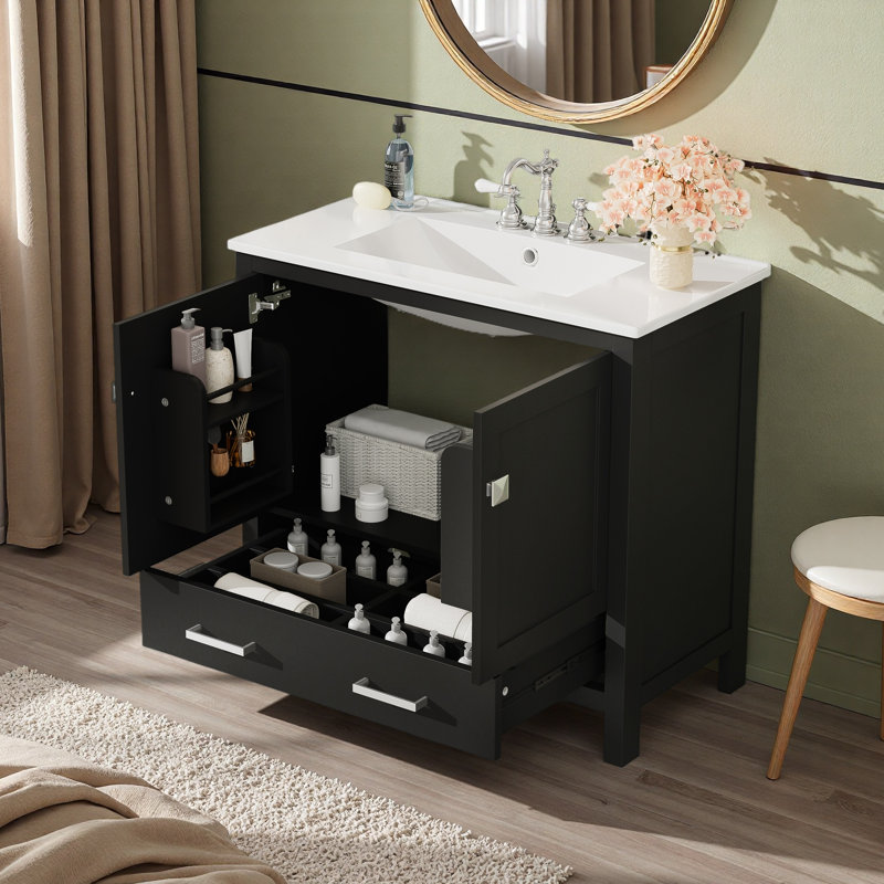 Meuble-lavabo 36 po avec lavabo en céramique, portes à fermeture en douceur, Noir