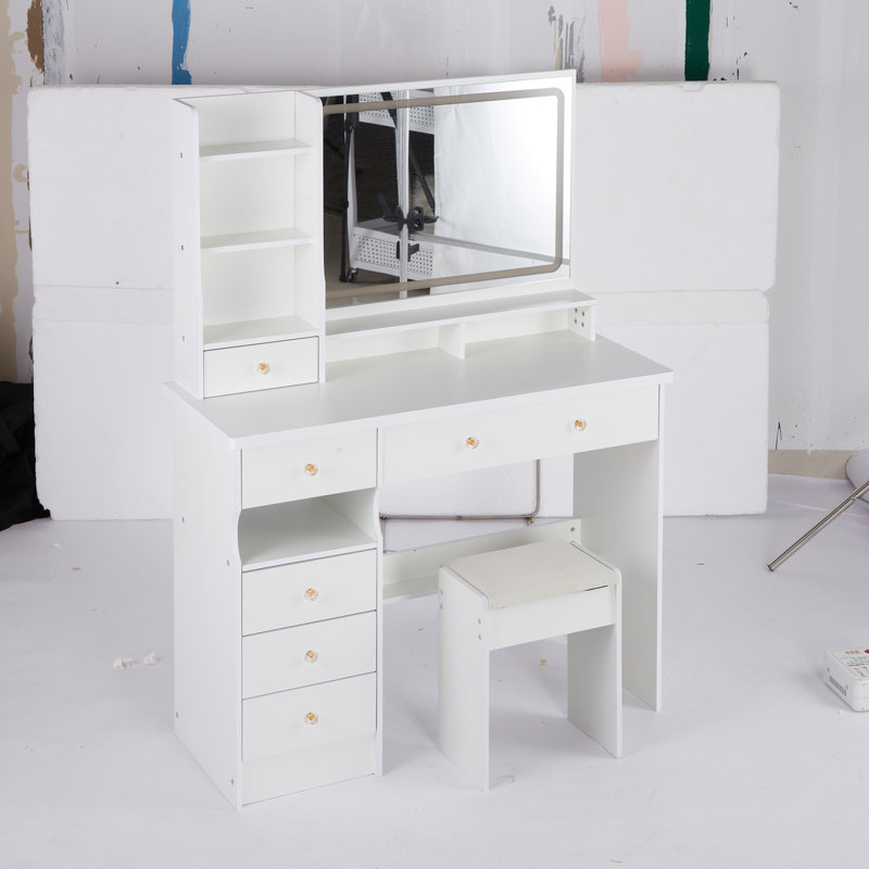 Grande coiffeuse avec miroir à DEL et tiroirs de rangement - Coiffeuse avec tabouret rembourré, Blanc