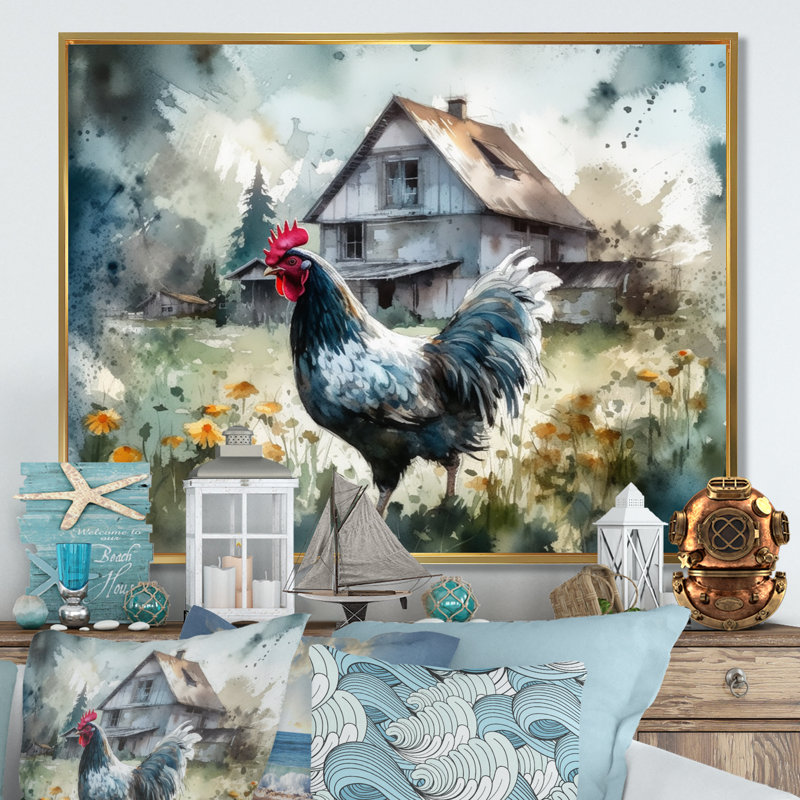 Coq sur une ferme II - art mural poulet, H 12 po x l 20 po x P 1 po, Cadre flottant doré