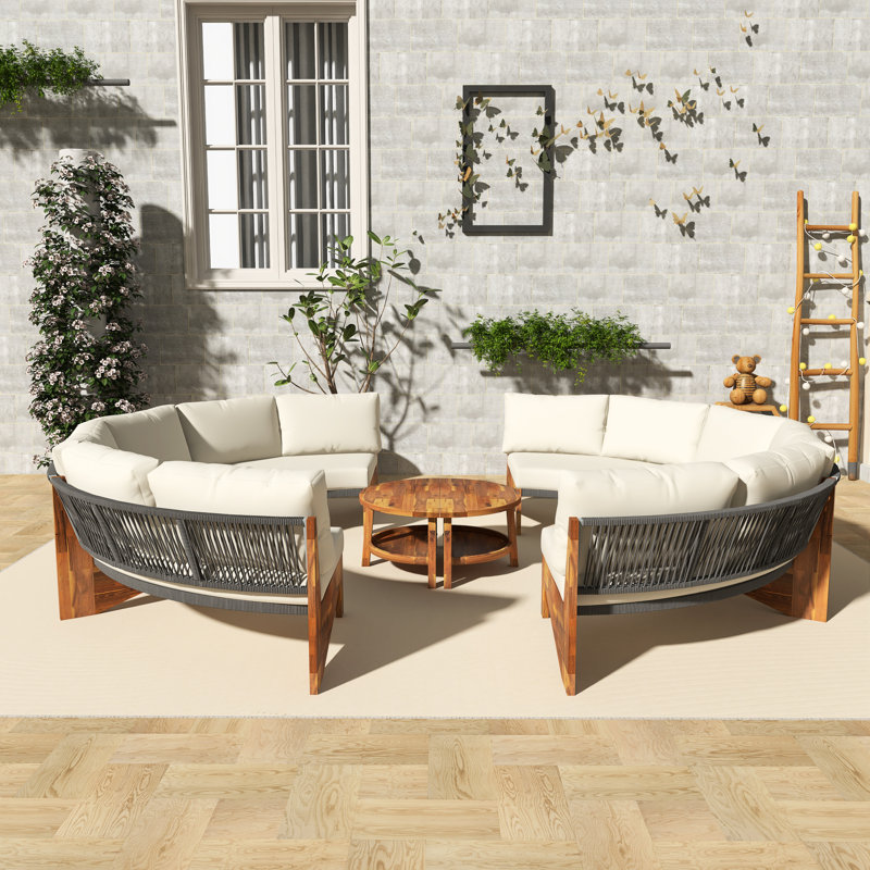 105'' Wood Outdoor Patio Sofa With  Beige Cushions, Beige