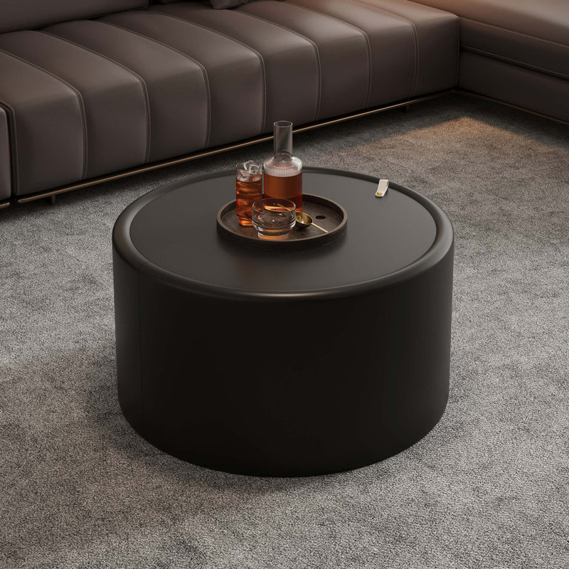 Table basse ronde moderne avec plateau en verre trempé et rangement caché, Black