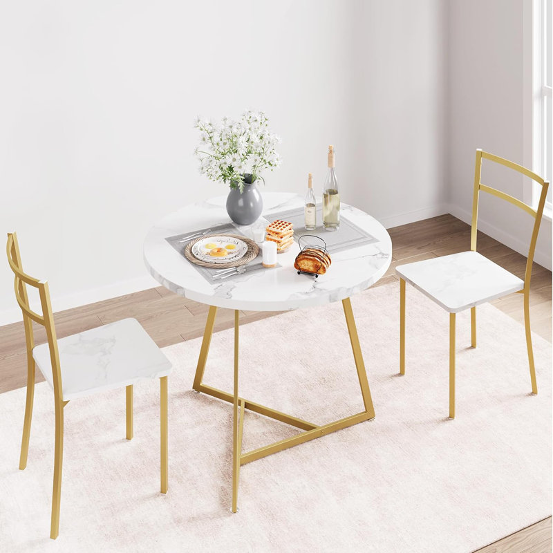 Ensemble de table de salle à manger 3 pièces pour 2 personnes, table de cuisine avec 2 chaises rembourrées, plateau en panneau de fibres à densité moyenne et structure en métal, ensemble de salle à manger peu encombrant pour appartement, coin repas et petits espaces