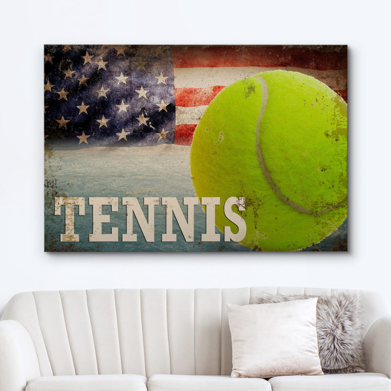 Balle de tennis rétro et drapeau américain, sportifs, photographie, art moderne, urbain contemporain, H 32 po x l 48 po