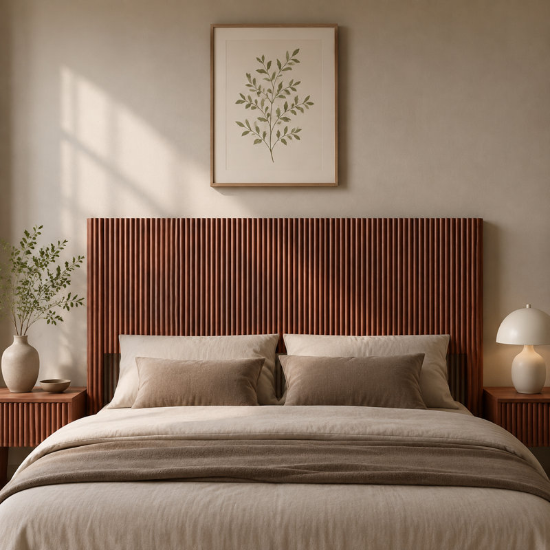 Tête de lit en bois de couleur noyer avec un design à lattes verticales 3D et une silhouette ondulée arquée; Facile à installer et compatible avec les grands lits.