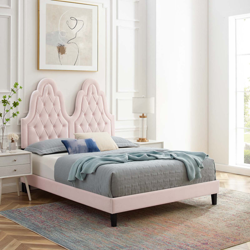 Lit plateforme en velours Alexandria, Simple, Rose