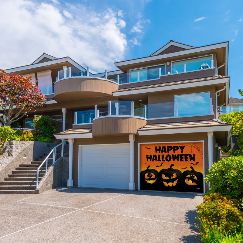Bannière de porte de garage simple Jack O'Lantern 7 pi x 8 pi Halloween - Décorations d'extérieur