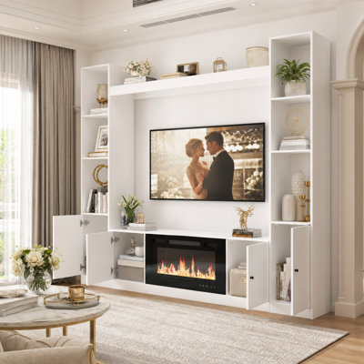 Meuble télé de 206 cm de large pour téléviseurs jusqu'à 55 pouces, avec foyer électrique de 76 cm, tours de rangement et passerelle.