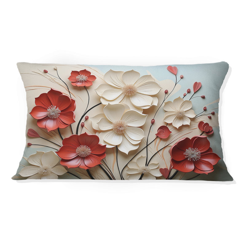 Rouge et blanc Cramoisi fleur E Embrace - Coussin imprimé fleuri, Rectangle H 12 po x l 20 po