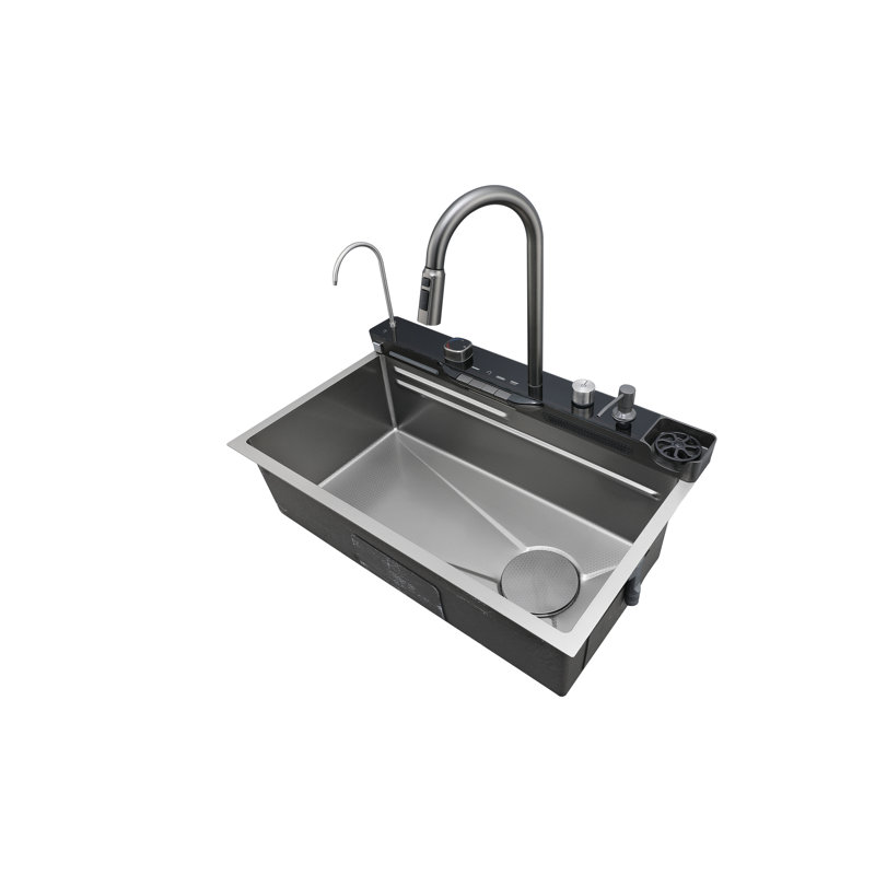 Bol simple 29,5 x 18 pouces avec deux lavabos multifonction cascade, affichage numérique intelligent, avec robinet escamotable à 3 modes combinés, acier inoxydable 304, accessoires inclus