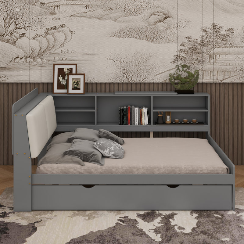 Space-Saving Full Size Wooden Platform Bed: Trundle, Shelves, Storage Headboard (Modern Daybed), Gray