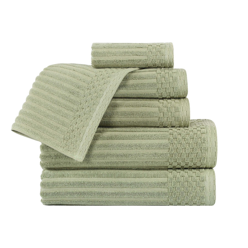 Ensemble de serviettes en coton très absorbant de six articles avec bordure unie et carreauté Ruvins, Vert sauge