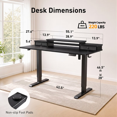 55" Electric Adjustable Standing Desk with Dual-Tier Monitor Shelf, 4 Memory Presets, and 2 Drawers - Black