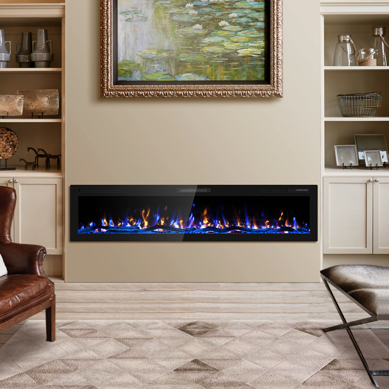 Recessed or Wall Mounted Electric Fireplace, Logs & Crystals, Remote Control,Remote Control, Timer, Dimmer, 12 Flame Colours, 750/1500W, Narrow Bezel