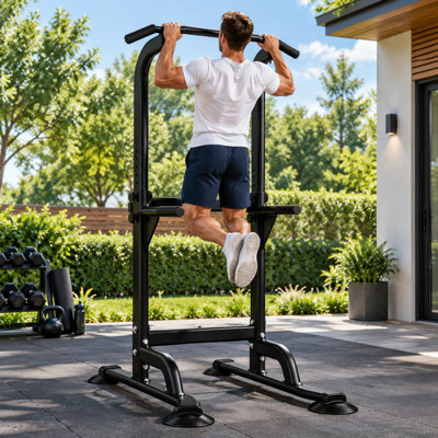 Station de musculation réglable avec barre de traction et dips, idéale pour le gym à domicile. Structure robuste en acier pour un entraînement complet du haut du corps et des abdominaux. Utilisation intérieure et extérieure.