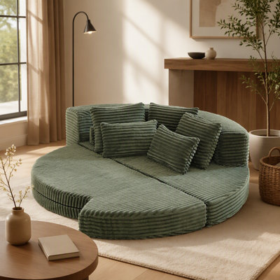 Canapé-lit 78,5 pouces en velours côtelé semi-circulaire 2 en 1, avec oreiller et cinq coussins décoratifs dans le salon