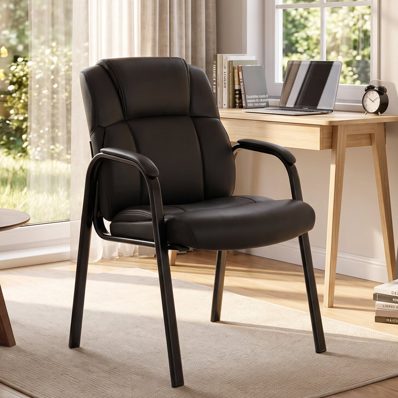 Chaise de conférence en similicuir avec accoudoirs rembourrés, chaise d'accueil pour salle d'attente, noire
