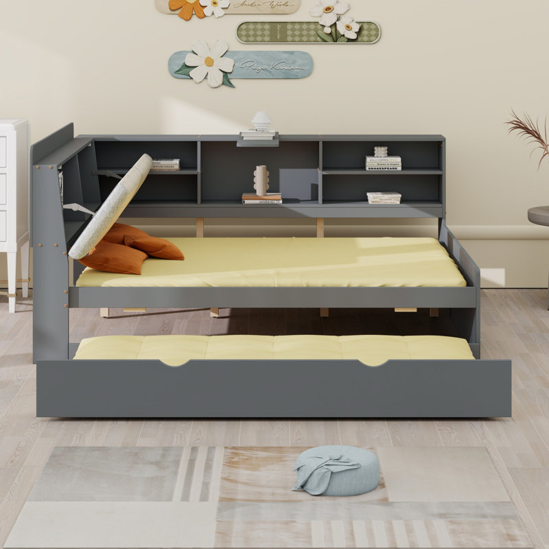 Lit plateforme avec lit gigogne, tablettes et tête de lit, Gris, Lit double