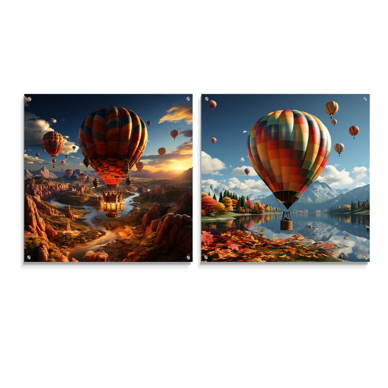 A Fantasy Art Représentation de montgolfières - montgolfière acrylique, ensemble de 2 verres muraux, H 16 po x l 33 po