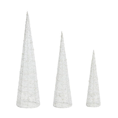 Set Of 3 Lighted Christmas Crystal White Cone Tree With 130 White LED Lights