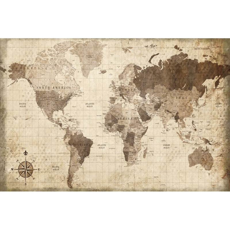 Distressed World Map - Wrapped Canvas Art Prints, 81cm H x 122cm W x 3.8cm D