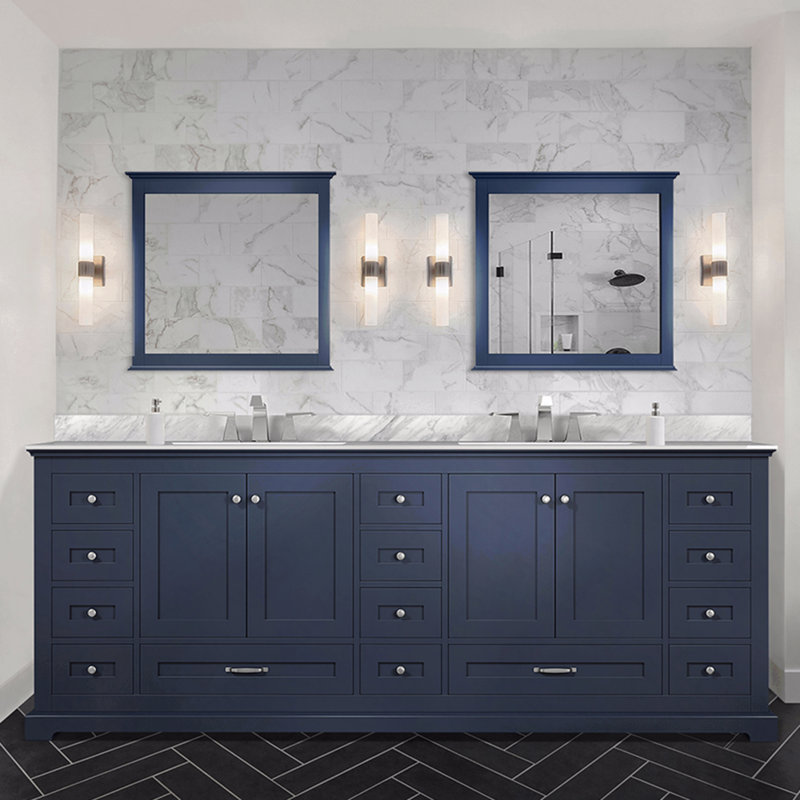 Ensemble de meuble-lavabo double 84 po x P 22 po avec plateau en marbre de Carrare et robinet, Bleu